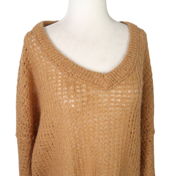 Free People Birchwood camel brown wool blend open knit sweater L - Picture 3 of 8